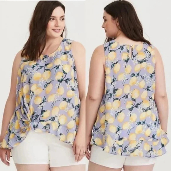 Torrid Lemon Print Sleeveless Ruffle Hem Top in Lavender - Size 2X - Picture 1 of 6